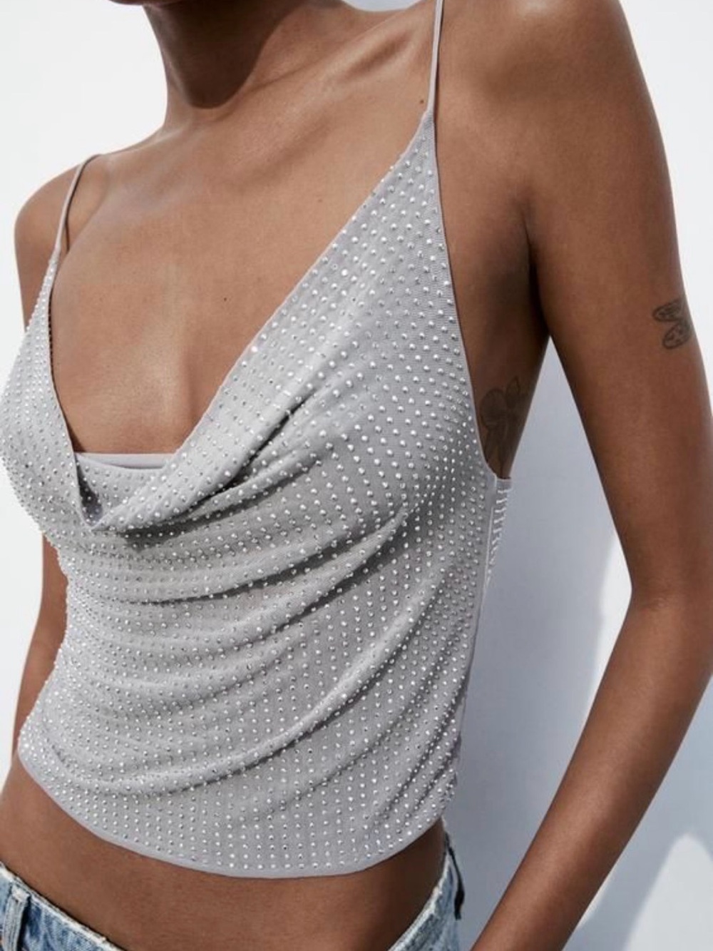 Zara Silver-Gray Rhinestone Cowl Neck Camisole